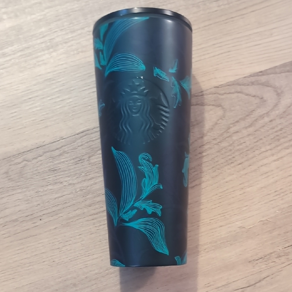 Starbucks Black Tumbler with Teal Leaf Design